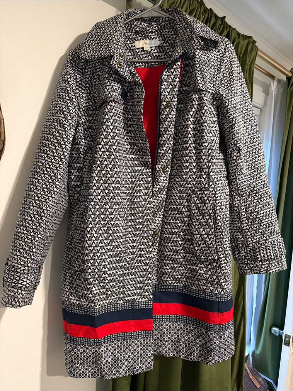 Boden Navy & White Pattern Trench Coat with Red Trim